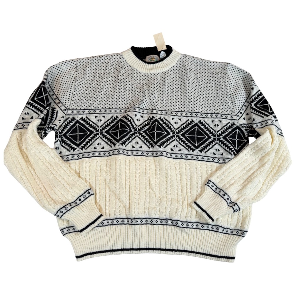 Vtg 90s Fair Isle Black White Cable Knit Sweater XL Grandpa Indie Sleaze Nordic